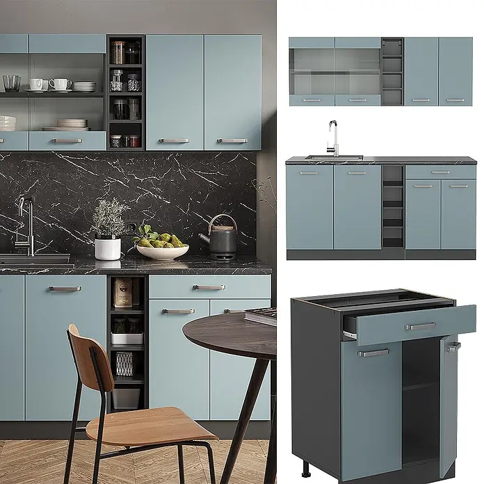 Vicco Singleküche R-Line Blau-Grau/Anthrazit, AP Eiche - Breite: 160 cm, Blau-Grau, Mit AP Eiche - Moderne Küche mit hellblauen Schranktüren, dunkelgrauen Rahmen und schwarzen Marmor-Arbeitsplatten.