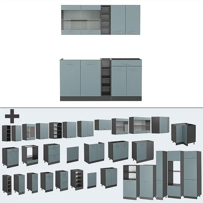 Vicco Singleküche R-Line Blau-Grau/Anthrazit, AP Eiche - Breite: 160 cm, Blau-Grau, Mit AP Eiche - Modulares Küchenschranksystem in Hellblau/Grau mit dunkelgrauen Elementen, zeigt verschiedene Wand-, Unter- und Hochschränke.