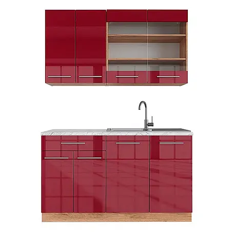 Vicco  Singleküche Fame-Line Bordeaux Hochglanz/Goldkraft Eiche, AP Marmor