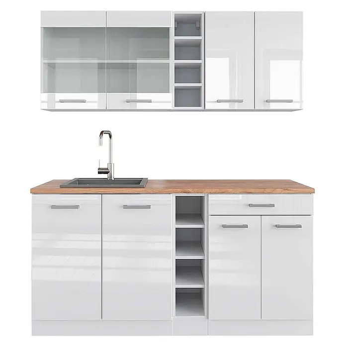 Vicco Singleküche R-Line Weiß Hochglanz/Weiß, AP Eiche - Breite: 160 cm, Weiß Hochglanz, Mit AP Eiche - Weißer modularer Küchenschrank-Set mit Arbeitsplatte aus Holz und integrierter Spüle und Armatur.