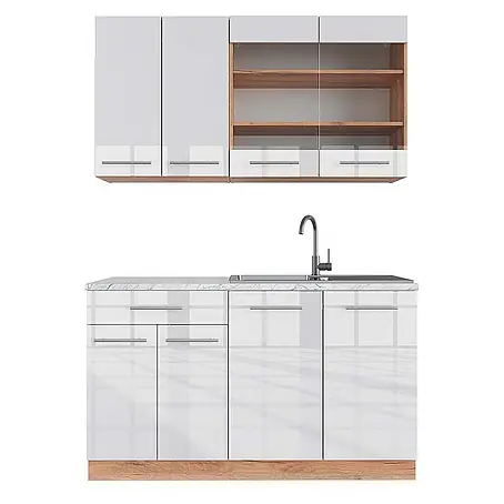 Vicco Singleküche Fame-Line, Weiß Hochglanz/Goldkraft Eiche, 140 cm