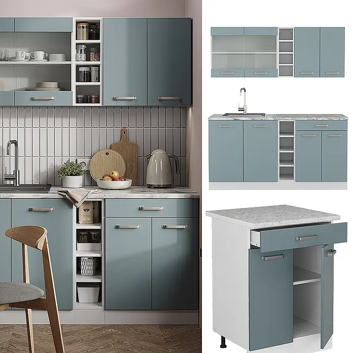 Vicco Singleküche R-Line, Blau-Grau, 160 cm -  - Türkisblaue Küchenschrank-Garnitur mit weißer/Marmor-Arbeitsplatte, Oberschränken, Unterschränken und Spülenunterschrank, in einer modernen Küche.