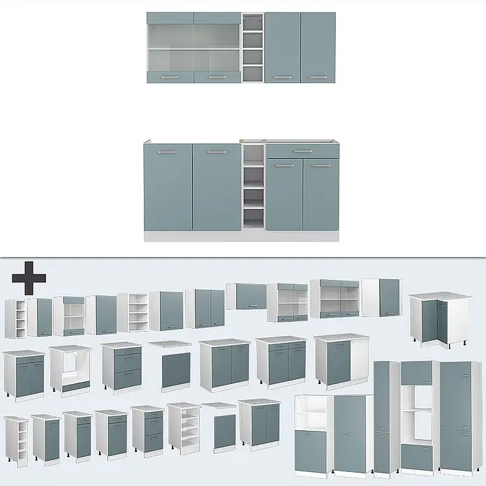 Vicco Singleküche R-Line, Blau-Grau/Weiß, 160 cm -  - Modulares Küchenschranksystem mit blaugrauen Türen und weißen Rahmen, inklusive Unter- und Oberschränken für flexible Küchengestaltung.