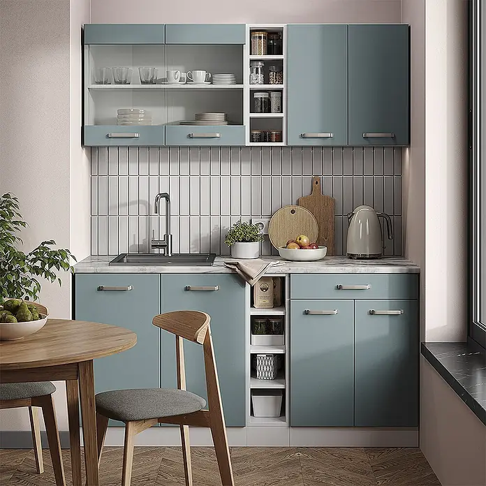 Vicco Singleküche R-Line, Blau-Grau, 160 cm -  - Moderne blaugrüne Küchenschränke mit integrierter Spüle, offenen Regalen und silbernen Griffen.