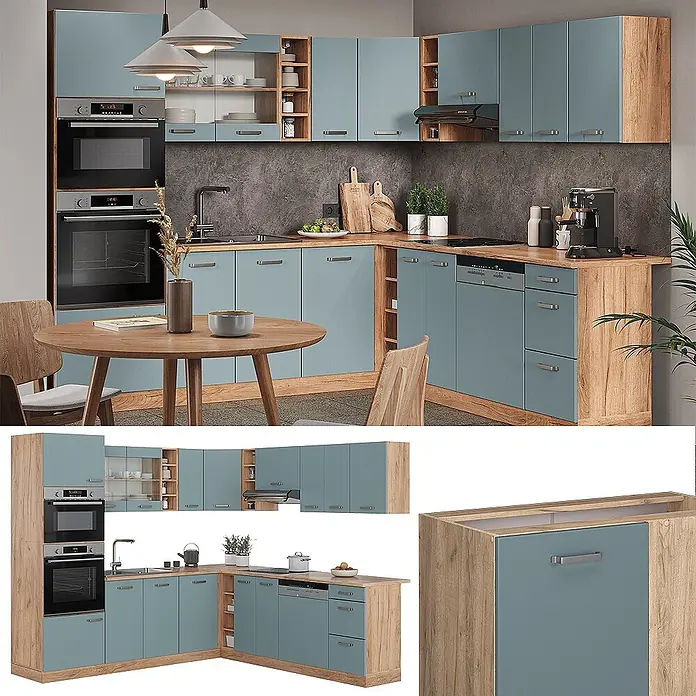 Vicco Eckküche R-Line Blau-Grau/Goldkraft Eiche ohne Arbeitsplatte - Blau-Grau, Ohne Elektrogeräte - Moderne Einbauküche in Blaugrau mit Holzoptik-Arbeitsplatten.