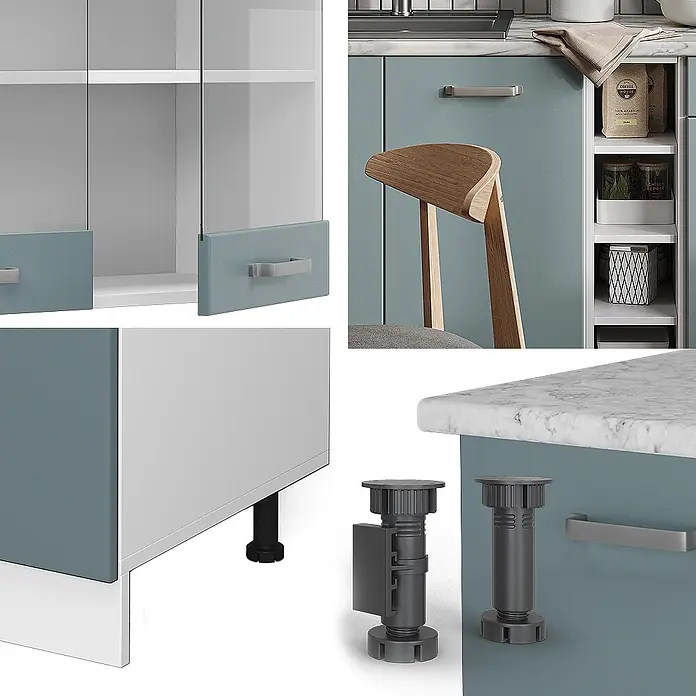 Vicco Singleküche R-Line, Blau-Grau, 160 cm -  - Verstellbare dunkelgraue Kunststoff-Küchenschrankfüße und hellblaugrüne Schränke mit silbernen Griffen.