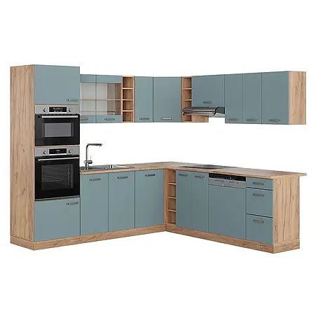 Vicco  Eckküche R-Line Blau-Grau/Goldkraft Eiche ohne Arbeitsplatte