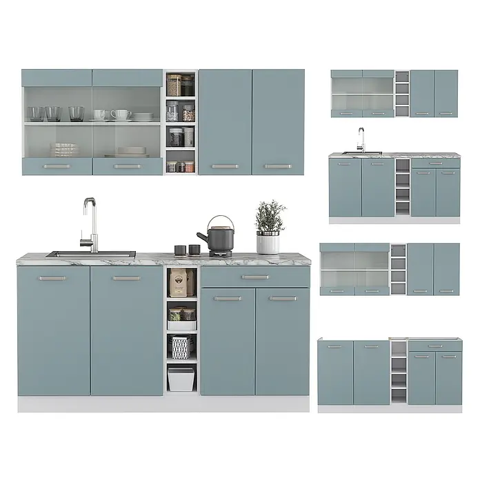 Vicco Singleküche R-Line, Blau-Grau, 160 cm -  - Hellblau-graue modulare Küchenschränke mit Marmor-Arbeitsplatten, integrierter Spüle, Oberschränken mit Glasfronten und offenen Regalen.