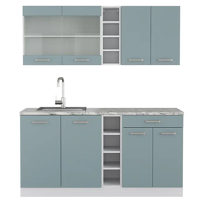Vicco Singleküche R-Line, Blau-Grau, 160 cm -  - Hellblaue Küchenzeile mit Marmor-Arbeitsplatte, integrierter Spüle, silbernen Griffen und Hängeschränken mit Glasfront.