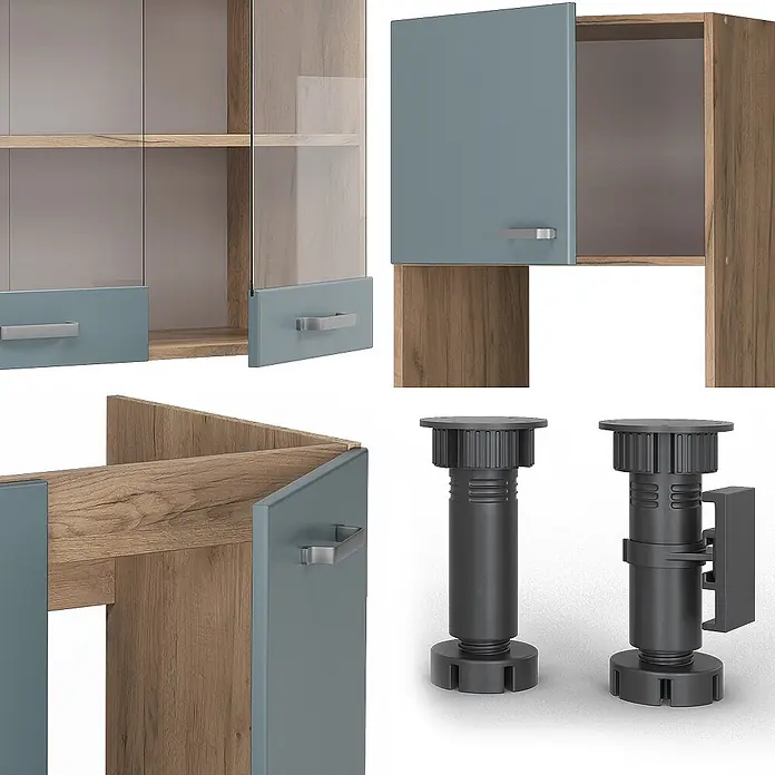 Vicco Eckküche R-Line Blau-Grau/Goldkraft Eiche ohne Arbeitsplatte - Blau-Grau, Ohne Elektrogeräte - Modulare Möbelteile: Holzschränke mit hellblau-grauen und Glasfronten, dazu dunkelgraue verstellbare Füße.
