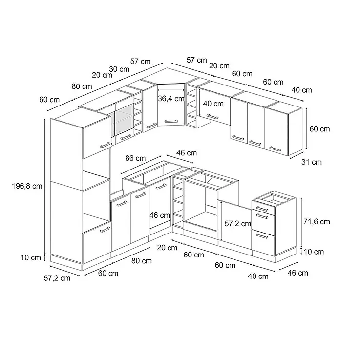 Vicco Eckküche R-Line Blau-Grau/Goldkraft Eiche ohne Arbeitsplatte - Blau-Grau, Ohne Elektrogeräte - Detaillierte technische Zeichnung eines modularen L-förmigen Küchenschrank-Sets mit präzisen Abmessungen.