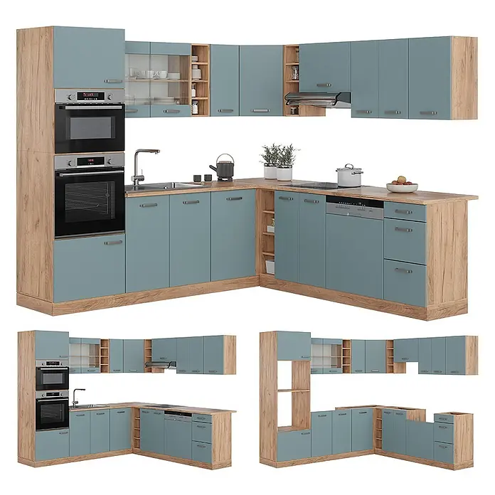 Vicco Eckküche R-Line Blau-Grau/Goldkraft Eiche ohne Arbeitsplatte - Blau-Grau, Ohne Elektrogeräte - Eck-Modulküche mit Holzoptikrahmen und blau-grünen Fronten, inklusive Einbaugeräten.