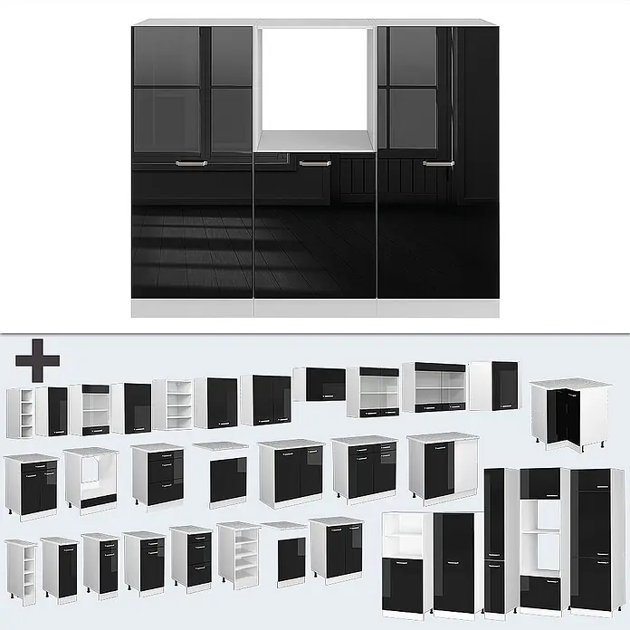 Vicco Küchenleerblock R-Line Schwarz Hochglanz/Weiß ohne Arbeitsplatte - Breite: 180 cm, Schwarz Hochglanz - Modulares Küchenschranksystem mit schwarzen Hochglanztüren und weißen Rahmen, verschiedene Einheiten.