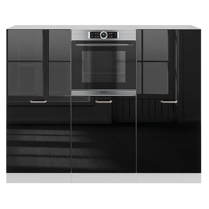 Vicco Küchenleerblock R-Line Schwarz Hochglanz/Weiß ohne Arbeitsplatte - Breite: 180 cm, Schwarz Hochglanz - Moderne schwarze Küchenschrank-Einheit mit integriertem Edelstahlbackofen, glänzenden Türen und weißer Arbeitsplatte.