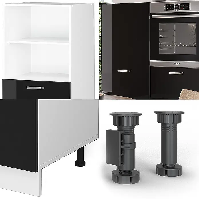 Vicco Küchenleerblock R-Line Schwarz Hochglanz/Weiß ohne Arbeitsplatte - Breite: 180 cm, Schwarz Hochglanz - Modulare weiß-schwarze Küchenschrankelemente mit Hochglanzoberflächen, gezeigt mit verstellbaren Kunststofffüßen.