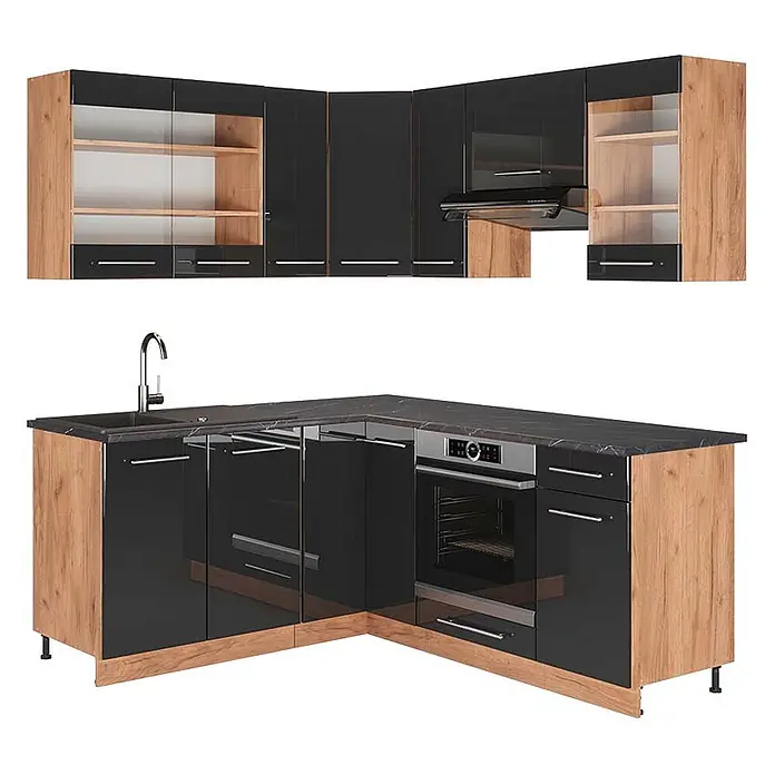 Vicco Eckküche Fame-Line Anthrazit Hochglanz/Goldkraft Eiche, AP Anthrazit - B x T: 190 x 60 cm, Anthrazit Hochglanz, Ohne Elektrogeräte - Eckküche mit schwarzen Hochglanzfronten und hellen Holzpaneelen, inklusive Ober- und Unterschränken, Spüle, Backofen und Dunstabzugshaube.