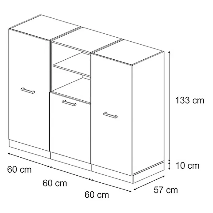 Vicco Küchenleerblock R-Line Schwarz Hochglanz/Anthrazit ohne Arbeitsplatte - Schwarz Hochglanz - Dreiteiliger Schrank mit Türen, offenen Fächern und Abmessungen.
