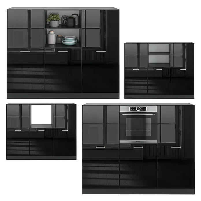 Vicco Küchenleerblock R-Line Schwarz Hochglanz/Anthrazit ohne Arbeitsplatte - Schwarz Hochglanz - Modulare schwarze Küchenschränke mit Hochglanzoberfläche und Glastüren, teils mit offenen Regalen und integriertem Backofen.