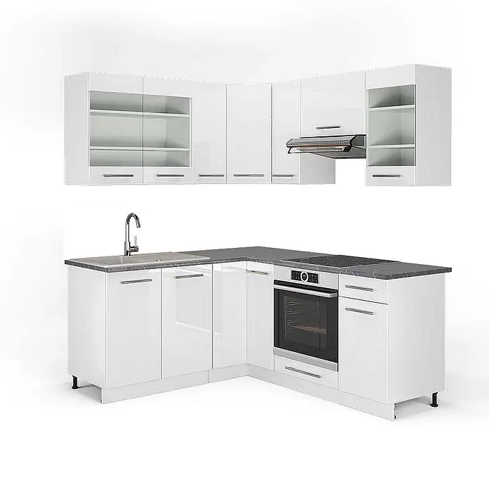 Vicco Eckküche Fame-Line Weiß Hochglanz/Weiß, AP Anthrazit - B x T: 190 x 60 cm, Weiß Hochglanz, Ohne Elektrogeräte - L-förmige Küchenzeile mit weißen Hochglanz-Unter- und Oberschränken, dunkler Arbeitsplatte, integrierter Spüle, Backofen und Kochfeld.