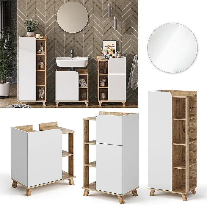 Vicco Badmöbel-Set Karen Sonoma/Weiß 4 Teile - Gesamtbreite Badmöbel: 160 cm, Sonoma, Matt - Modernes Badezimmermöbel-Set aus hellem Holz und weißen Paneelen: Hochschrank, Waschtischunterschrank und Kommode im Bad.