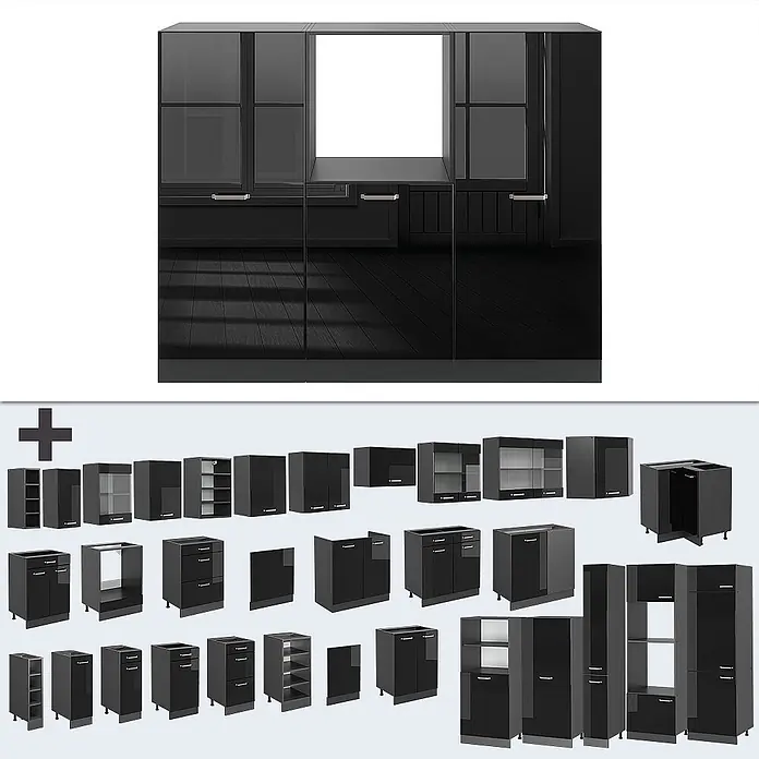 Vicco Küchenleerblock R-Line Schwarz Hochglanz/Anthrazit ohne Arbeitsplatte - Schwarz Hochglanz - Schwarzes modulares Küchenschranksystem mit verschiedenen Einheiten, teils mit Glastüren, für vielseitigen Stauraum.
