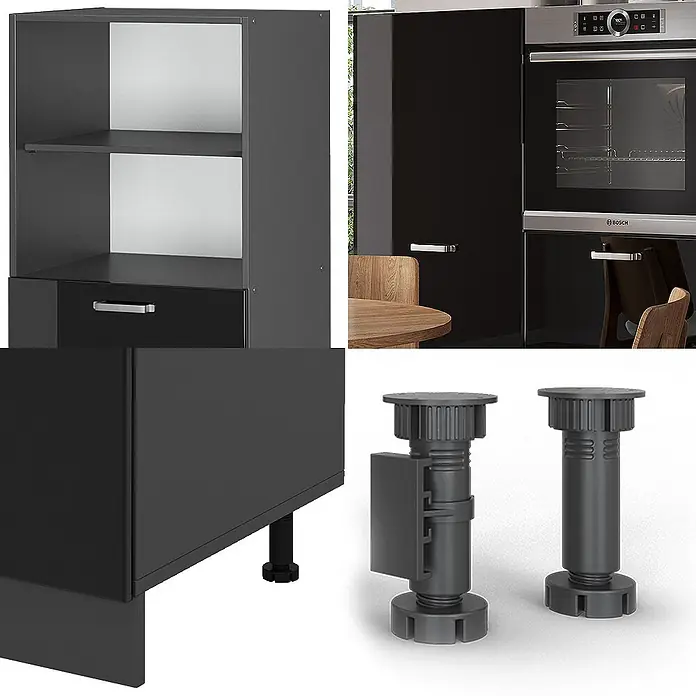 Vicco Küchenleerblock R-Line Schwarz Hochglanz/Anthrazit ohne Arbeitsplatte - Schwarz Hochglanz - Dunkelgrauer modularer Küchenschrank mit verstellbaren Beinen.