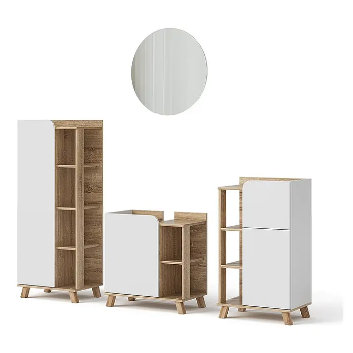 Vicco Badmöbel-Set Karen Sonoma/Weiß 4 Teile - Gesamtbreite Badmöbel: 160 cm, Sonoma, Matt - Set modulare Aufbewahrungsmöbel in Weiß und hellem Holz, bestehend aus hohem Regal, zwei niedrigeren Schränken mit Fächern und rundem Spiegel.