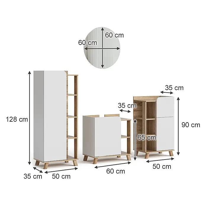 Vicco Badmöbel-Set Karen Sonoma/Weiß 4 Teile - Gesamtbreite Badmöbel: 160 cm, Sonoma, Matt - Modulares Möbelset aus Weiß und hellem Holz mit Regalen, Schränken und Rundspiegel, mit Maßen.