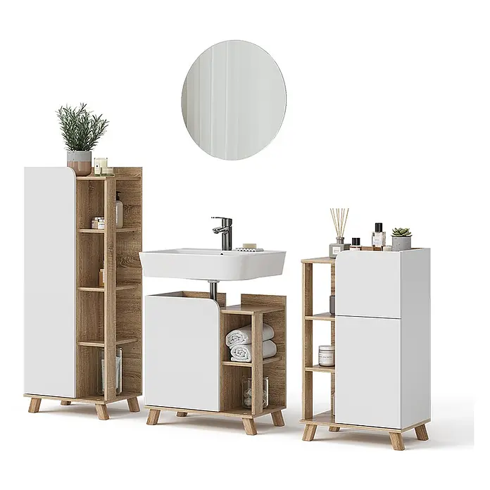 Vicco Badmöbel-Set Karen Sonoma/Weiß 4 Teile - Gesamtbreite Badmöbel: 160 cm, Sonoma, Matt - Badezimmermöbel-Set in Weiß und hellem Holz mit Waschbeckenunterschrank und Hochschränken.
