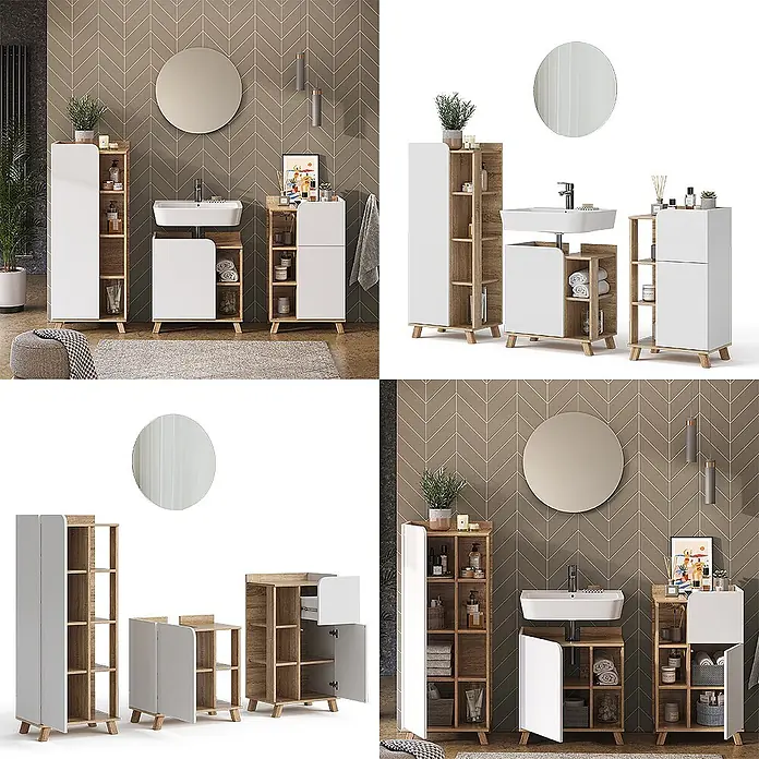 Vicco Badmöbel-Set Karen Sonoma/Weiß 4 Teile - Gesamtbreite Badmöbel: 160 cm, Sonoma, Matt - Badezimmermöbel-Set in Weiß und hellem Holz mit Hochschrank, Waschtischunterschrank und Kommode.