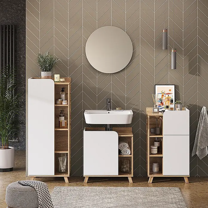Vicco Badmöbel-Set Karen Sonoma/Weiß 4 Teile - Gesamtbreite Badmöbel: 160 cm, Sonoma, Matt - Modernes Badmöbel-Set aus weißem und hellem Holz mit Waschbeckenunterschrank und Aufbewahrungsschränken.