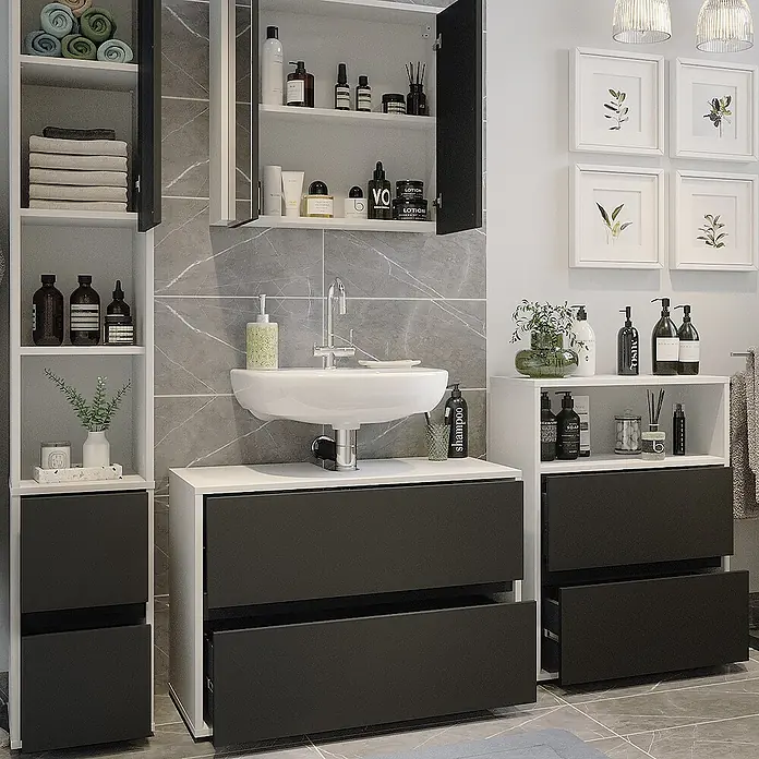 Badmöbel-Set Maltin 80 cm Weiß Art.-Nr. 41600 -  - Modernes weiß-dunkelgraues Badezimmermöbel-Set mit Waschbecken, Hochschrank und Beistellschrank.