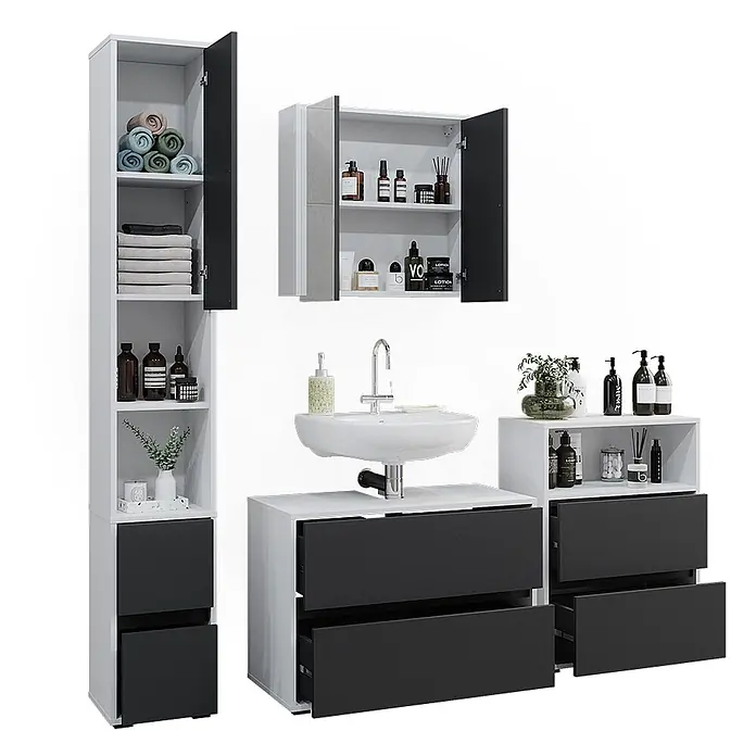 Badmöbel-Set Maltin 80 cm Weiß Art.-Nr. 41600 -  - Modernes weiß-dunkelgraues Badmöbelset mit Hochschrank, Wandschrank, Waschtischunterschrank und Beistellschrank.