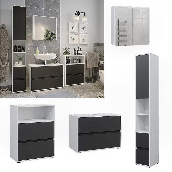 Badmöbel-Set Maltin 80 cm Weiß Art.-Nr. 41600 -  - Weiß-dunkelgraues Badmöbel-Set mit Waschtisch, Hochschrank und Spiegelschrank in modernem Bad.