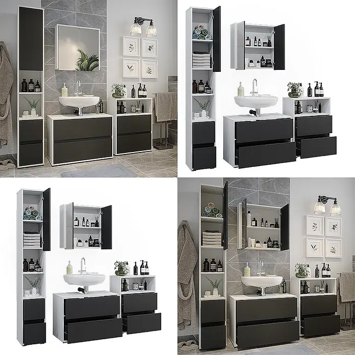 Badmöbel-Set Maltin 80 cm Weiß Art.-Nr. 41600 -  - Weiß-dunkelgraues Badezimmermöbelset: Waschtisch mit Waschbecken, Hochschrank, Spiegelschrank und Schubladenschrank.