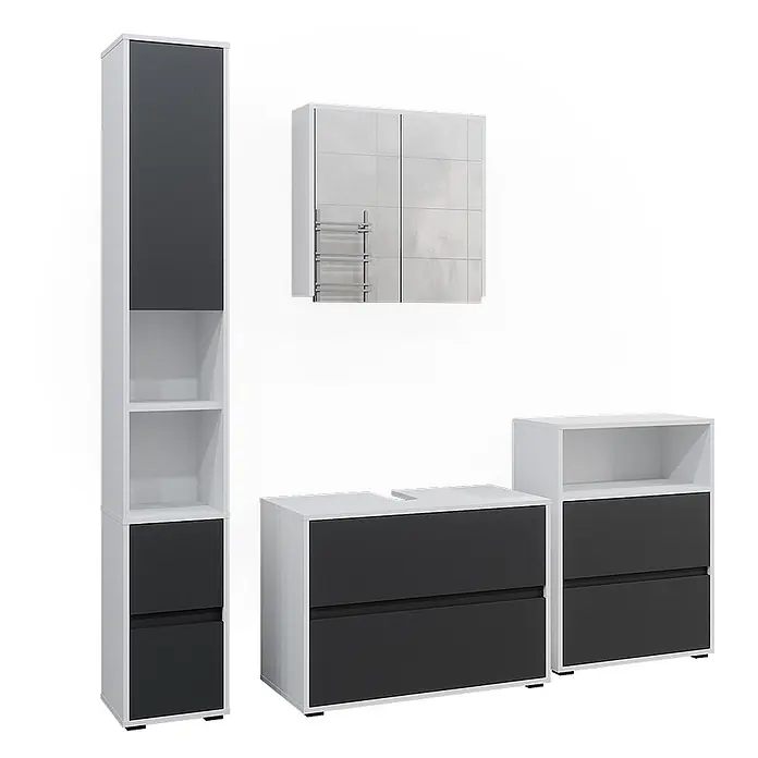 Badmöbel-Set Maltin 80 cm Weiß Art.-Nr. 41600 -  - Modernes Badmöbel-Set in Weiß und Anthrazit: Hochschrank, Spiegelschrank, Waschtischunterschrank und Kommode.