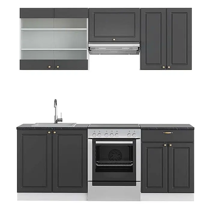 Küchenzeile Fame-Line 200 cm Anthrazit-Gold Landhaus Art.-Nr. 42225 -  - Dunkelgraue modulare Einbauküche mit schwarzen Arbeitsplatten, Edelstahl-Ofen, Spüle und Hängeschränken, teils mit Glastüren.