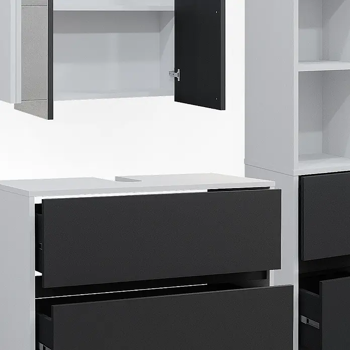 Vicco Badmöbel-Set Maltin Weiß/Anthrazit 3 Teile, mit Hochschrank - Gesamtbreite Badmöbel: 110,4 cm, Weiß, Matt - Weiße und dunkelgraue modulare Schränke mit teilweise geöffneten Schubladen und einer Tür.