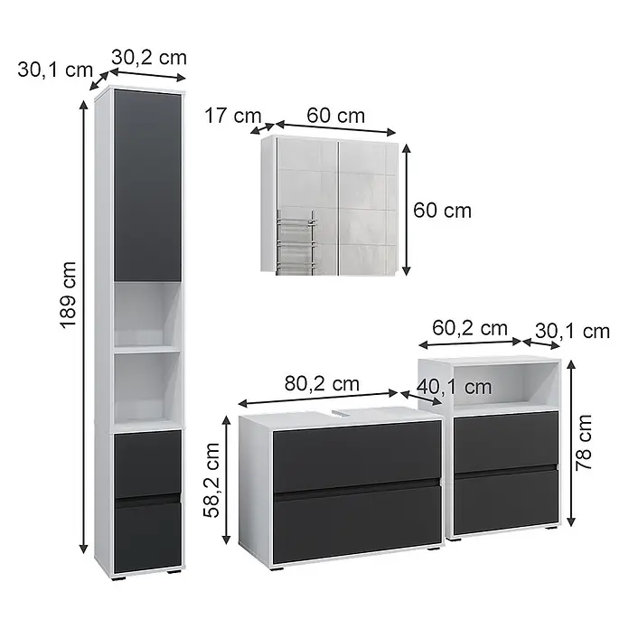 Badmöbel-Set Maltin 80 cm Weiß Art.-Nr. 41600 -  - Weiß-dunkelgraues modernes Badezimmermöbelset mit Hochschrank, Wandschrank, Waschtischunterschrank und Beistellschrank.