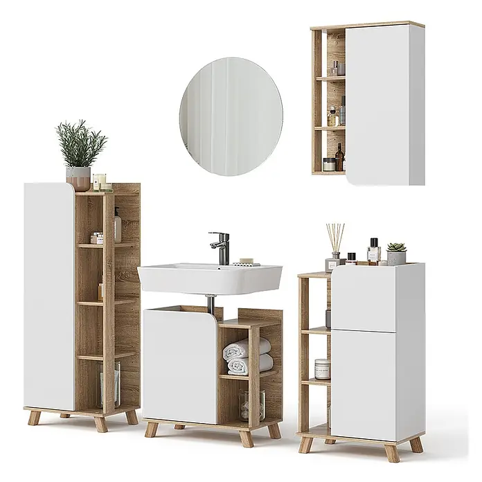 Vicco Badmöbel-Set Karen Sonoma/Weiß 5 Teile - Gesamtbreite Badmöbel: 160 cm, Sonoma, Matt - Modernes Badmöbel-Set: Waschtisch weiß/helles Holz mit Waschbecken, hohe Schränke und Hängeschrank, ergänzt durch einen runden Spiegel.