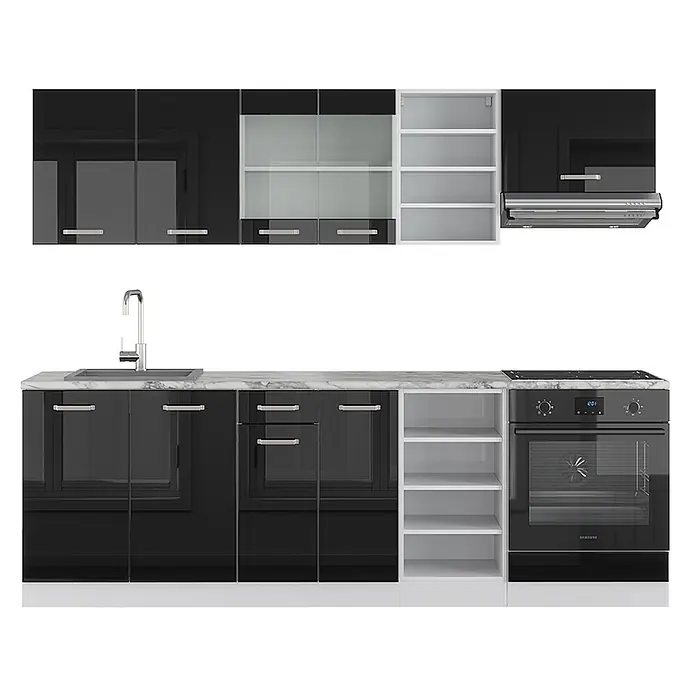 Vicco Küchenzeile R-Line Schwarz Hochglanz/Weiß ohne Arbeitsplatte - Breite: 240 cm, Schwarz Hochglanz, Ohne Elektrogeräte - Moderne schwarze Küche mit Hochglanzschränken, weißer Marmor-Arbeitsplatte, Spüle, Kochfeld, Backofen und Dunstabzugshaube.