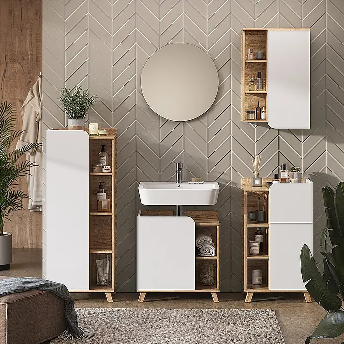 Vicco Badmöbel-Set Karen Sonoma/Weiß 5 Teile - Gesamtbreite Badmöbel: 160 cm, Sonoma, Matt - Modernes Badezimmermöbel-Set aus hellem Holz und weißen Platten, bestehend aus Waschtischunterschrank, Hochschrank und Beistellschrank.