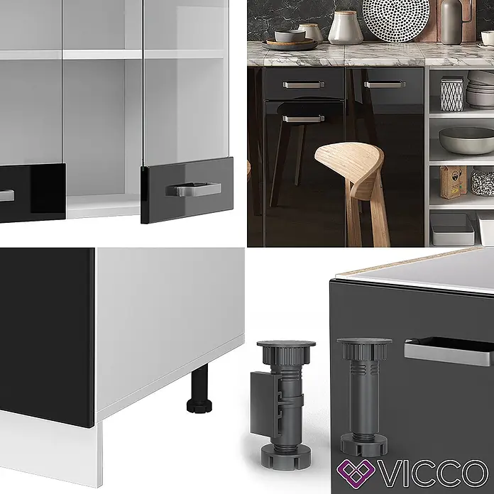 Vicco Küchenzeile R-Line Schwarz Hochglanz/Weiß ohne Arbeitsplatte - Breite: 240 cm, Schwarz Hochglanz, Ohne Elektrogeräte - Schwarzes und weißes modulares Küchenschranksystem mit Glastüren, silbernen Griffen und verstellbaren Füßen für vielseitigen Einsatz.