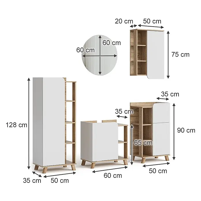 Vicco Badmöbel-Set Karen Sonoma/Weiß 5 Teile - Gesamtbreite Badmöbel: 160 cm, Sonoma, Matt - Modulares Möbelset in Weiß und hellem Holz mit Schränken und Regalen auf Holzbeinen sowie einem runden Spiegel.