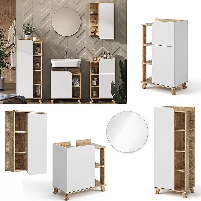 Vicco Badmöbel-Set Karen Sonoma/Weiß 5 Teile - Gesamtbreite Badmöbel: 160 cm, Sonoma, Matt - Modernes Badezimmermöbel-Set in Weiß und heller Holzoptik mit Waschtischunterschrank, Hochschrank, Wandschrank und rundem Spiegel, in stilvollem Bad arrangiert.