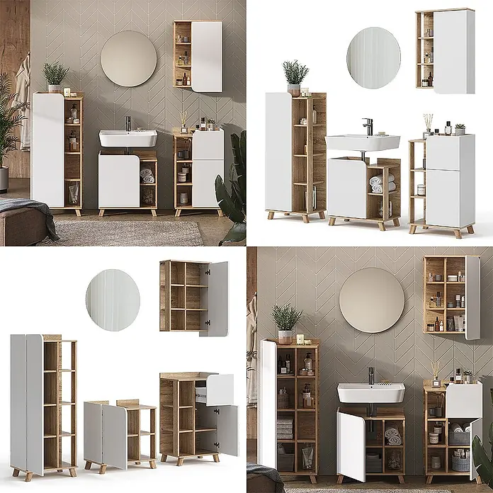 Vicco Badmöbel-Set Karen Sonoma/Weiß 5 Teile - Gesamtbreite Badmöbel: 160 cm, Sonoma, Matt - Modernes Badezimmermöbelset aus Holz und Weiß mit Waschbeckenunterschrank und verschiedenen Schränken in Badumgebung.