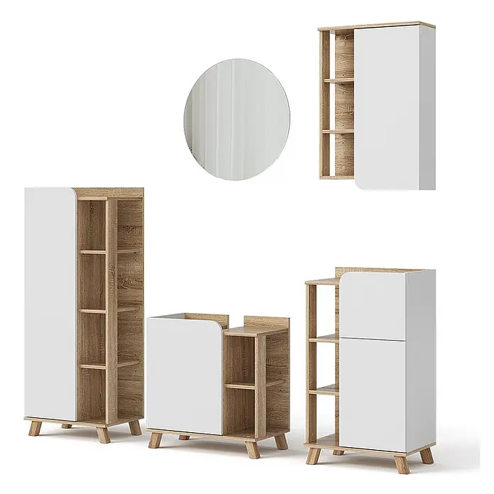 Vicco Badmöbel-Set Karen Sonoma/Weiß 5 Teile - Gesamtbreite Badmöbel: 160 cm, Sonoma, Matt - Modernes Stauraummöbel-Set mit weißen Schränken, Naturholzregalen und rundem Spiegel.