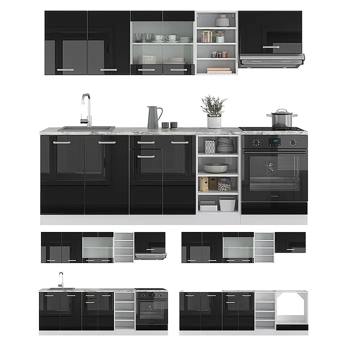 Vicco Küchenzeile R-Line Schwarz Hochglanz/Weiß ohne Arbeitsplatte - Breite: 240 cm, Schwarz Hochglanz, Ohne Elektrogeräte - Moderne schwarze Hochglanz-Modulküche mit weißen Arbeitsplatten, offenen Regalen und integrierten Geräten.