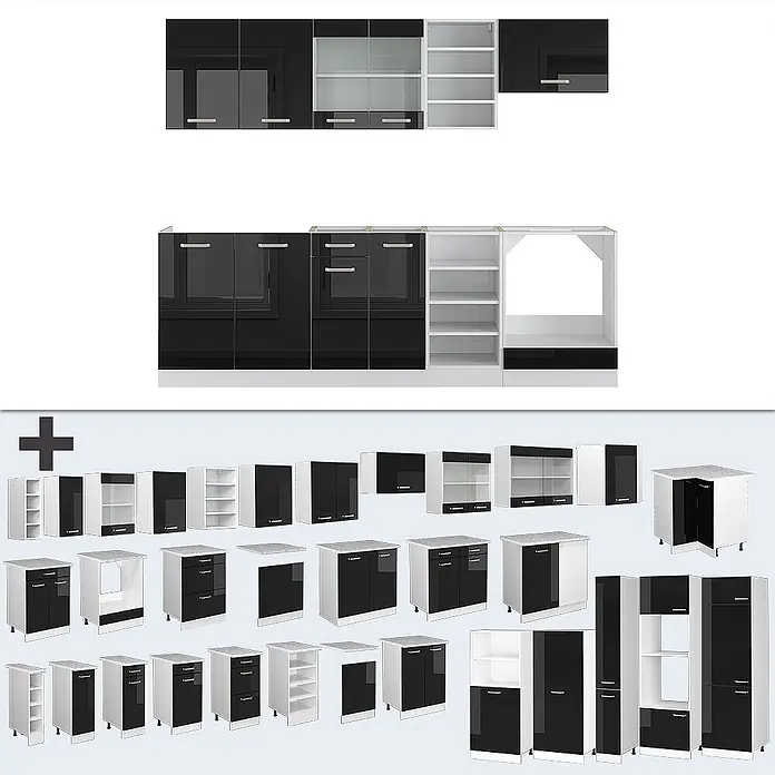 Vicco Küchenzeile R-Line Schwarz Hochglanz/Weiß ohne Arbeitsplatte - Breite: 240 cm, Schwarz Hochglanz, Ohne Elektrogeräte - Modulares schwarz-weißes Hochglanz-Küchenschrank-Set mit verschiedenen Unter-, Ober- und Hochschränken für flexible Küchenmontage.