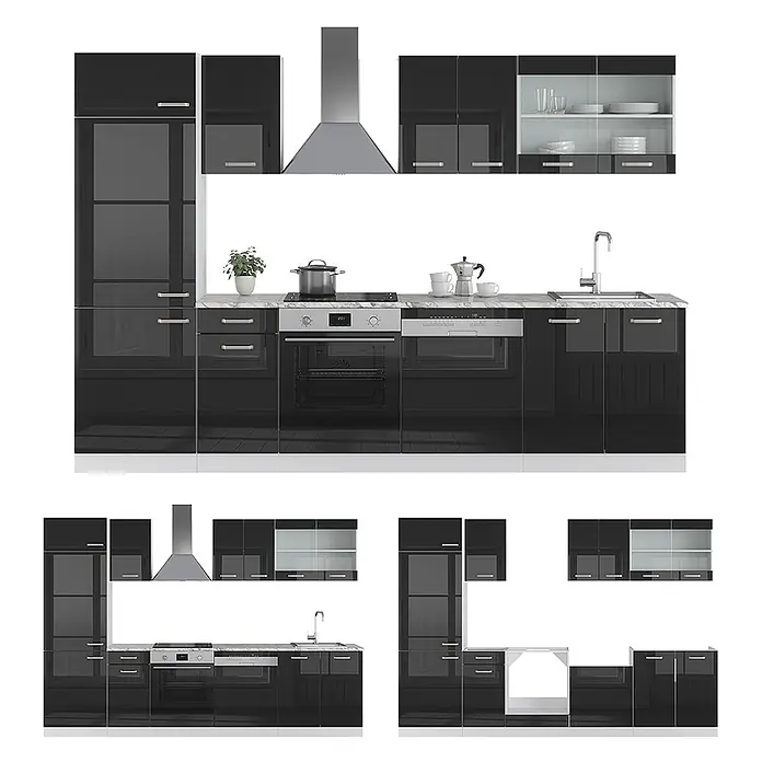 Vicco Küchenzeile R-Line Schwarz Hochglanz/Weiß, AP Eiche - Breite: 300 cm, Schwarz Hochglanz, Ohne Elektrogeräte - Modulare Hochglanz-Einbauküche in Schwarz mit Edelstahlgeräten und Marmor-Arbeitsplatte, in mehreren Konfigurationen.